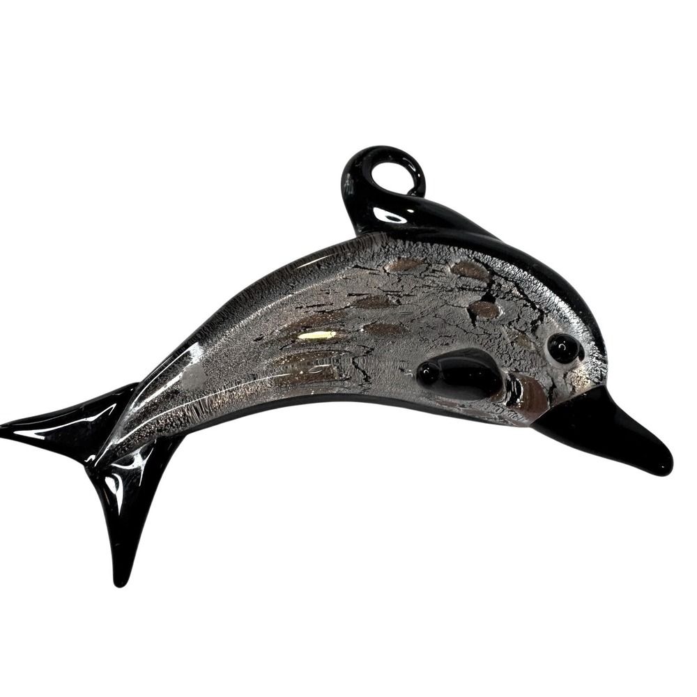 Hand Blown Glass Dolphin Pendant Black Silver Art Glass Charm‎